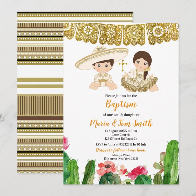 Baptême de Gold Cactus Invitation Twin Fiesta (Devant / Derrière)