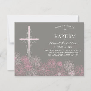 Baptême de la petite fille Invitation avec croix,