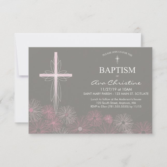 Baptême de la petite fille Invitation avec croix,  (Devant)