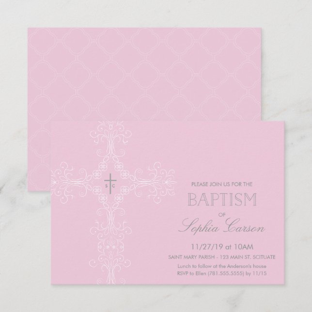 Baptême de la petite fille Invitation et Croix élé (Devant / Derrière)