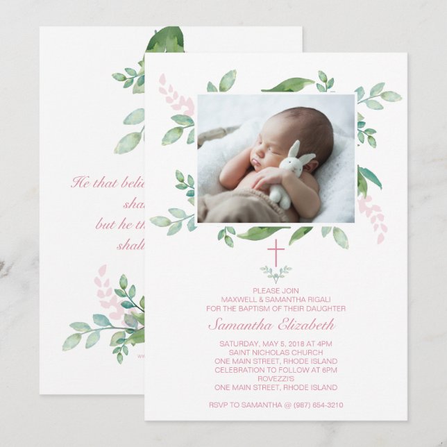 Baptême de verdure Invitation fille photo (Devant / Derrière)