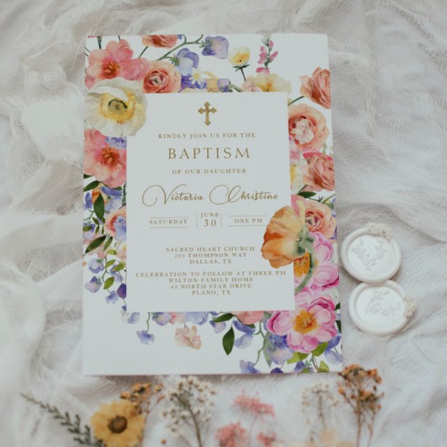 Baptême d'or floral Christening Invitation (Créateur téléchargé)