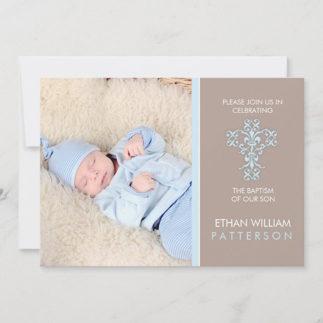 Baptême doux et moderne Baby Boy Invitation (Devant)
