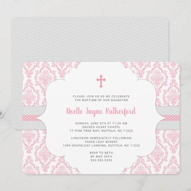 Baptême en Damas rose ou invitation à la première  (Devant / Derrière)