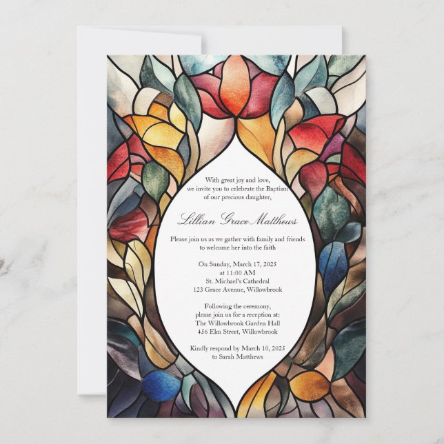 Baptême en verre tendu Invitation Élégant floral (Devant)