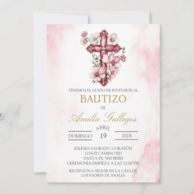 Baptême espagnol Crucifix Invitation (Devant)