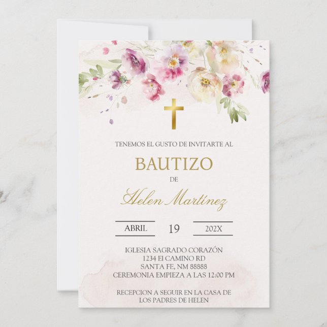 Baptême espagnol floral printemps Invitation (Devant)