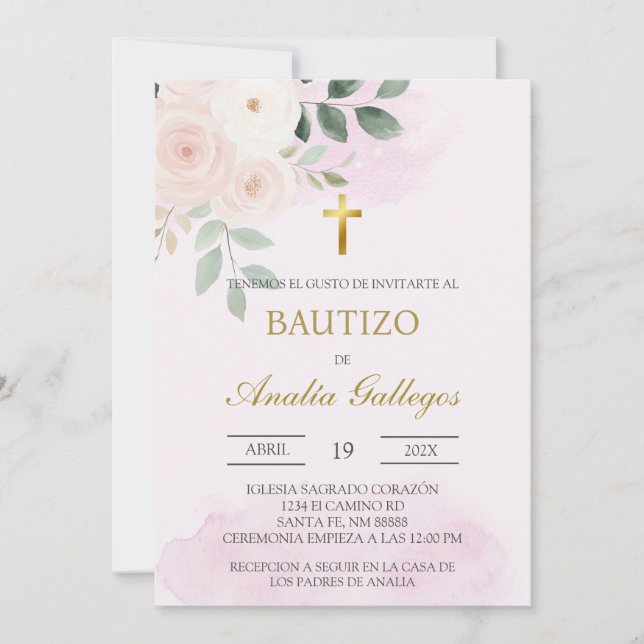 Baptême espagnol rose roux Invitation (Devant)