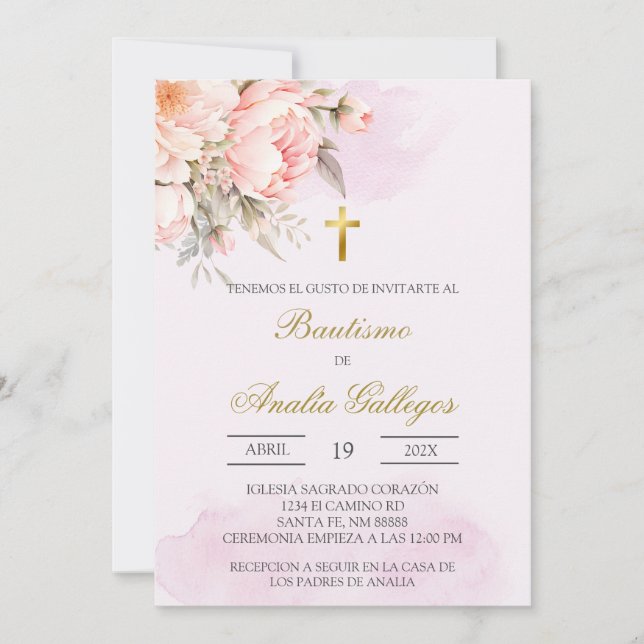 Baptême espagnol rose roux Invitation (Devant)