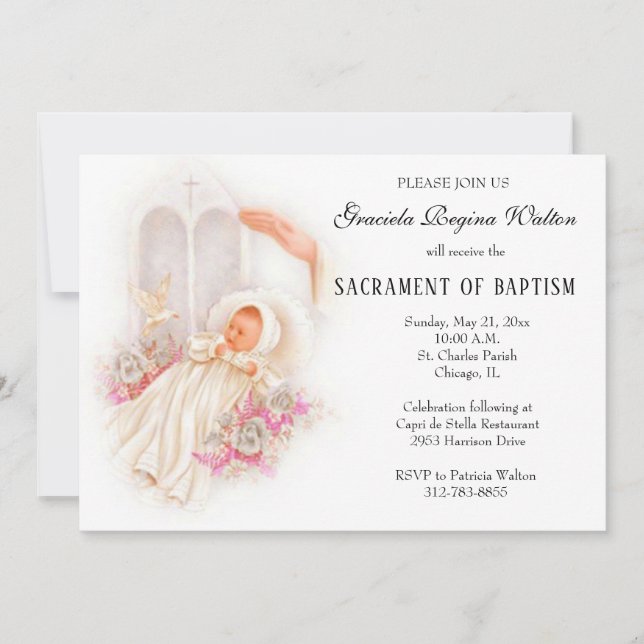 Baptême fille Fleurs roses Invitation (Devant)