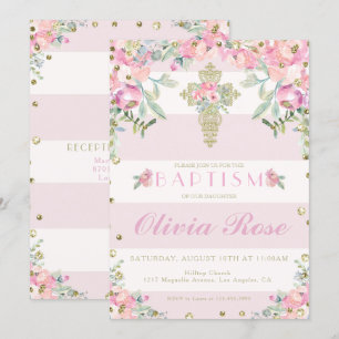 baptême fleurie rose et or invitation pour une fil