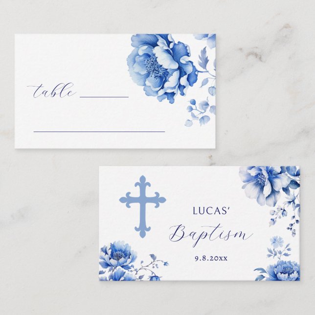 Baptême Fleurs Bleues Carte Place Plat (Devant / Derrière)
