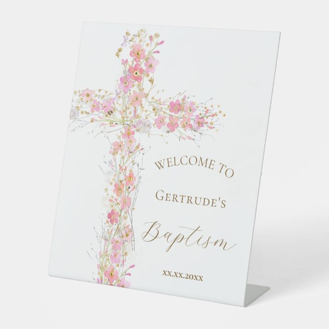 Baptême fleurs roses croix signe de bienvenue (Recto)
