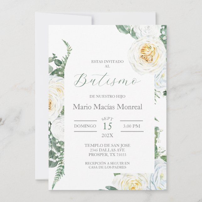 Baptême floral blanc vert Invitation espagnole (Devant)