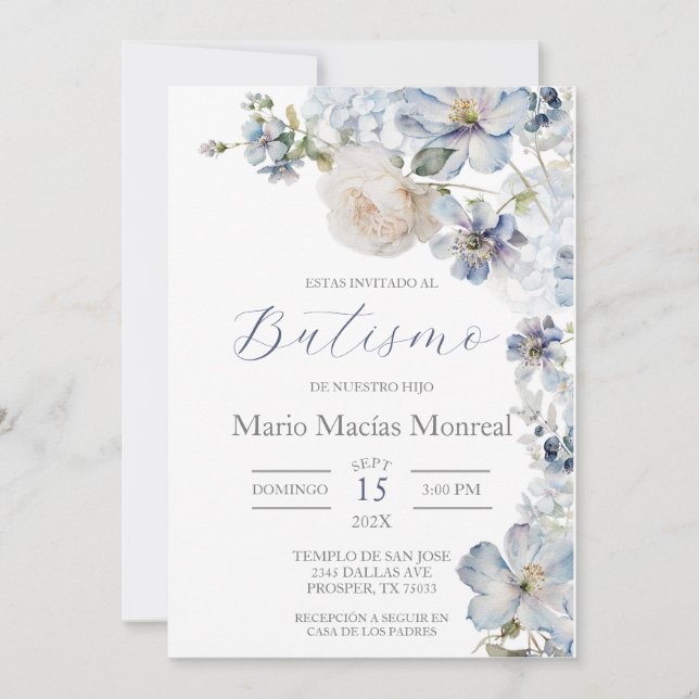 Baptême floral bleu clair Invitation espagnole (Devant)