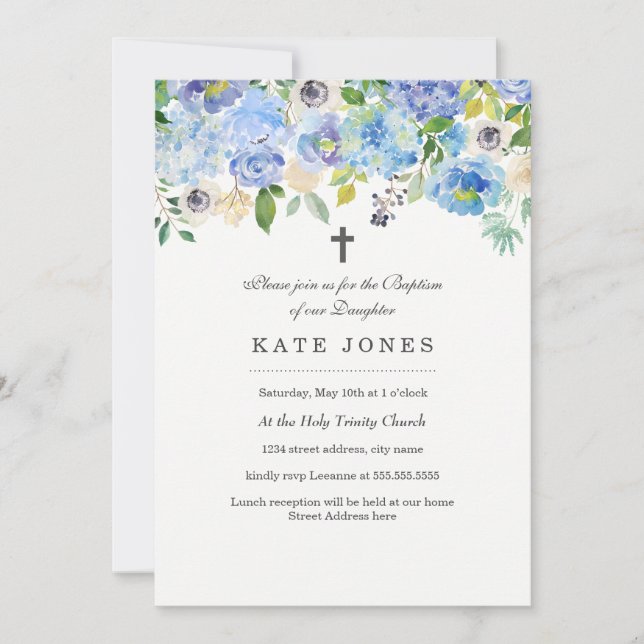Baptême Floral Bleu doux Invitation (Devant)