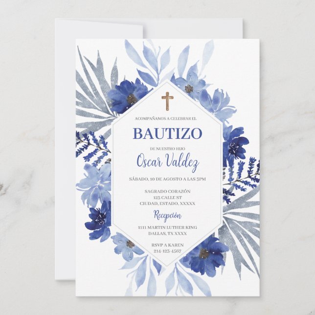Baptême floral bleu Espagnol Invitation pour garço (Devant)