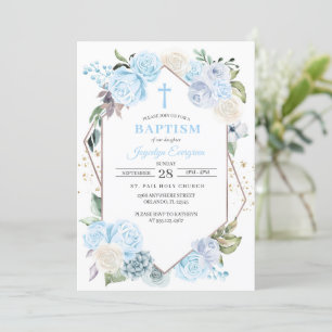 Baptême Floral Bleu Invitation
