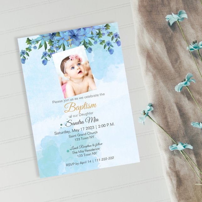 Baptême Floral Bleu Invitation (Blue Floral Baptism Invite)