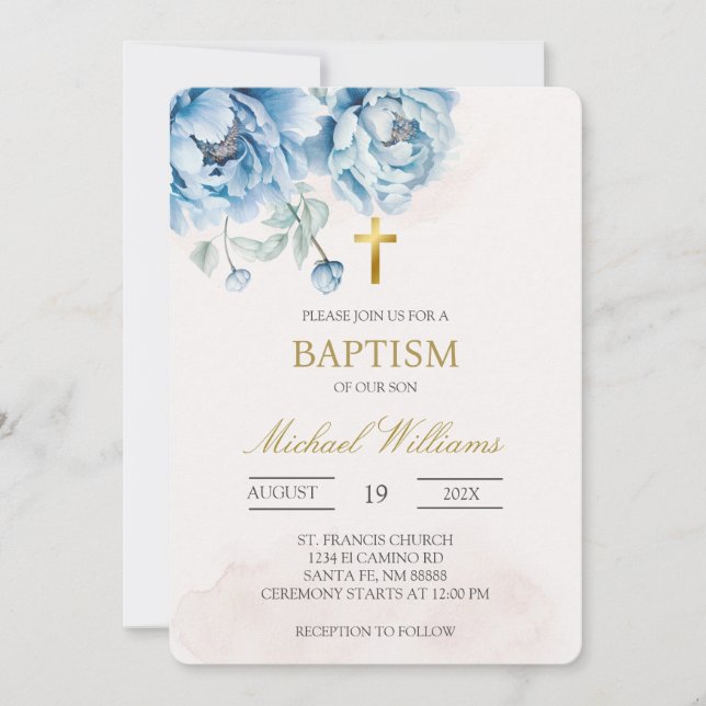Baptême floral bleu Invitation (Devant)