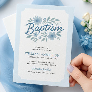 Baptême floral bleu Invitation pour bébé garçon