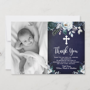 Baptême Floral Bleu Marine Merci Cartes