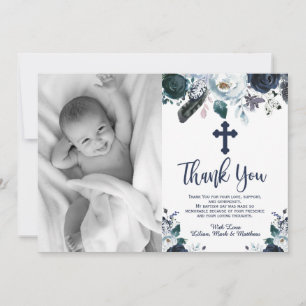 Baptême Floral Bleu Marine Merci Cartes