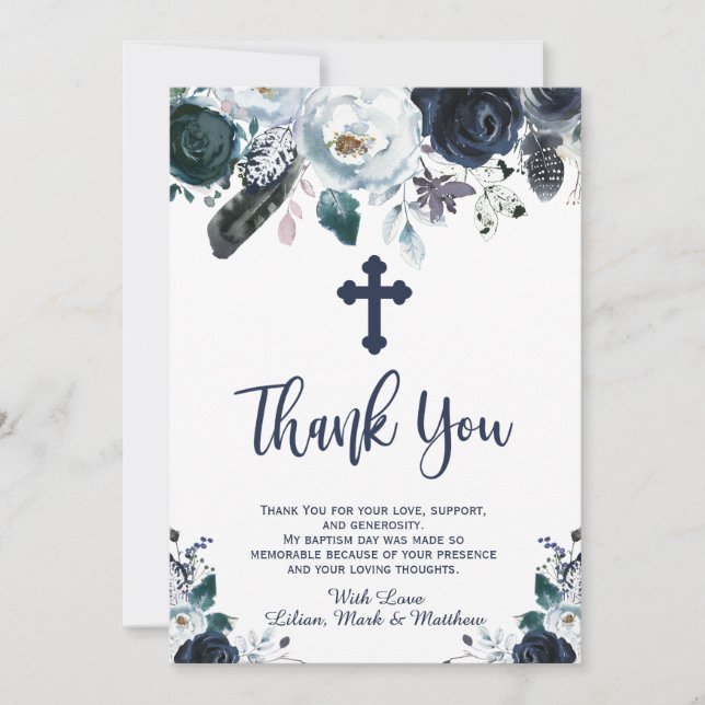 Baptême Floral Bleu Marine Merci Cartes (Devant)