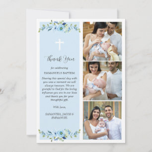 Baptême Floral bleu multiphoto pour garçons Merci