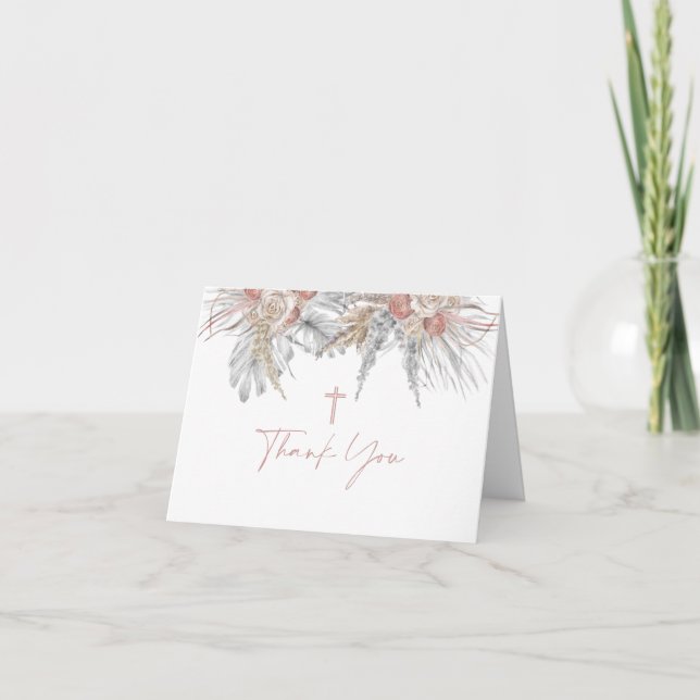 Baptême Floral Boho Rose Plié Carte de remerciemen (Devant)