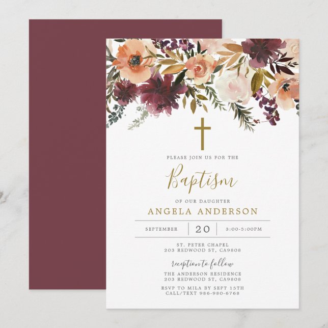 Baptême Floral Bourgogne / Invitation Christening (Devant / Derrière)