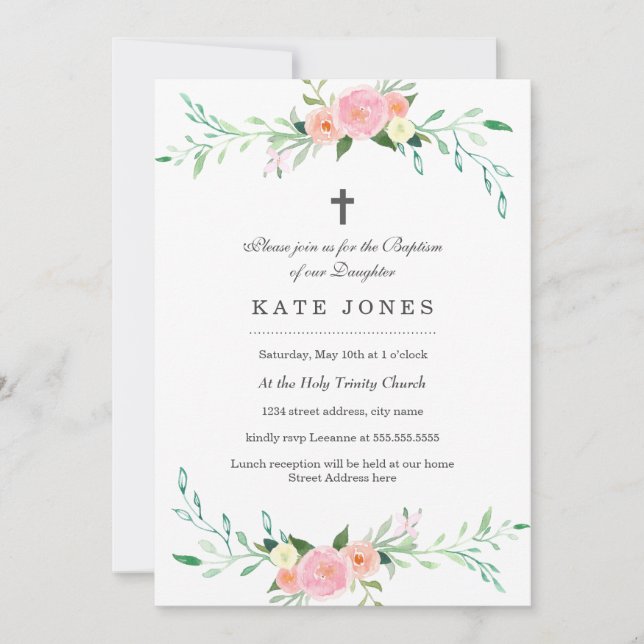 Baptême Floral doux Invitation (Devant)