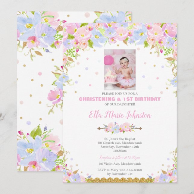 Baptême floral et 1er anniversaire Invitation (Devant / Derrière)