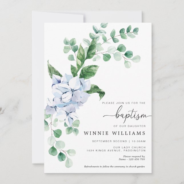 Baptême Floral Hydrangea Bleu Invitation (Devant)