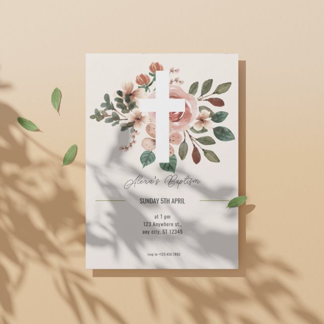 Baptême floral Invitation avec Croix élégante (1)