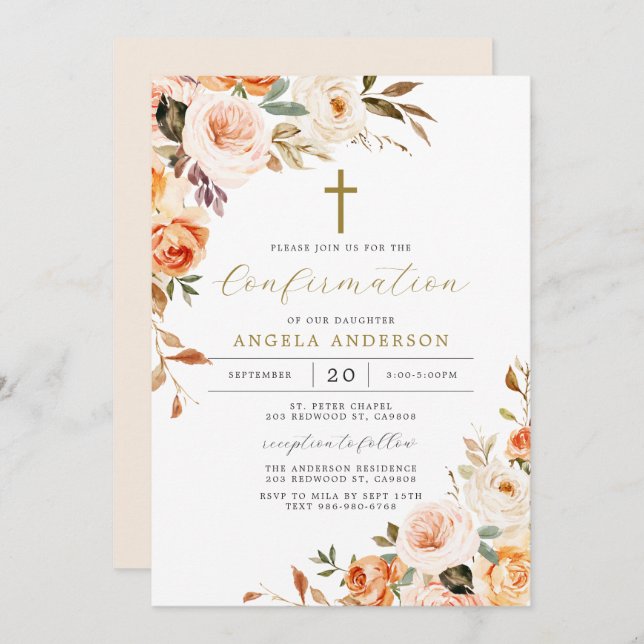 Baptême Floral Orange / Invitation de confirmation (Devant / Derrière)