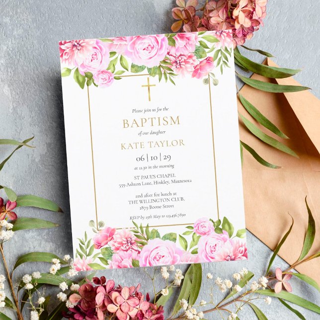 Baptême Floral rose Christening Invitation (Créateur téléchargé)