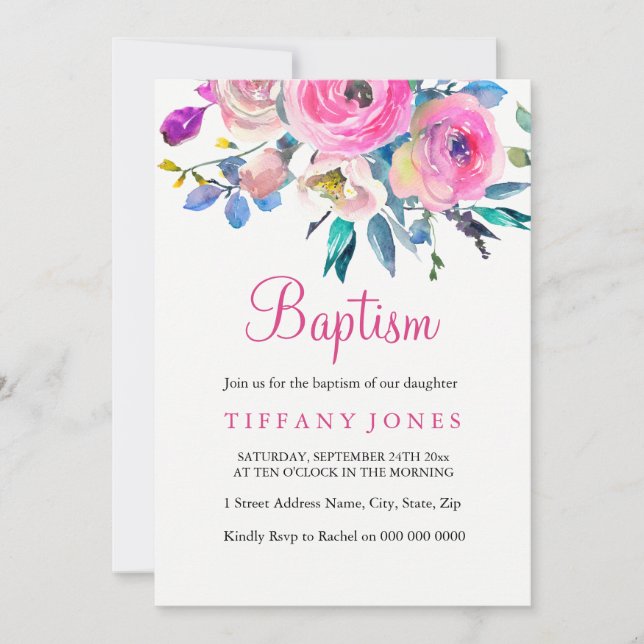 Baptême floral rose invitation Christening (Devant)