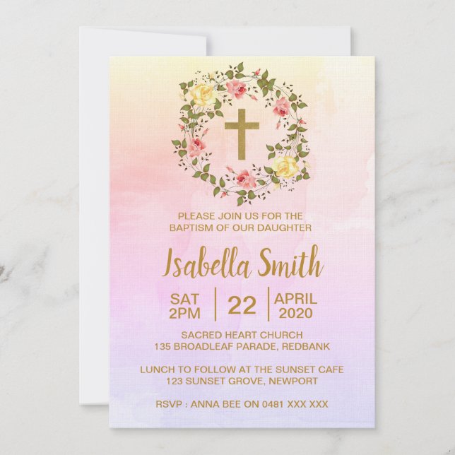 Baptême floral rose or / Invitation au baptême (Devant)