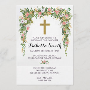 Baptême floral rose or / Invitation Christening