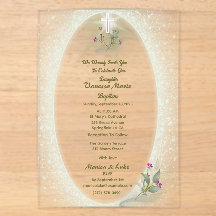 Baptême floral vert&blanc Invitation acrylique