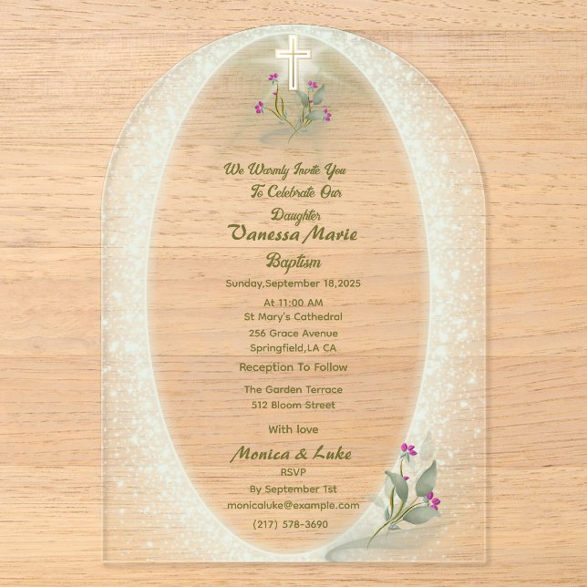 Baptême floral vert&blanc Invitation acrylique (Recto)