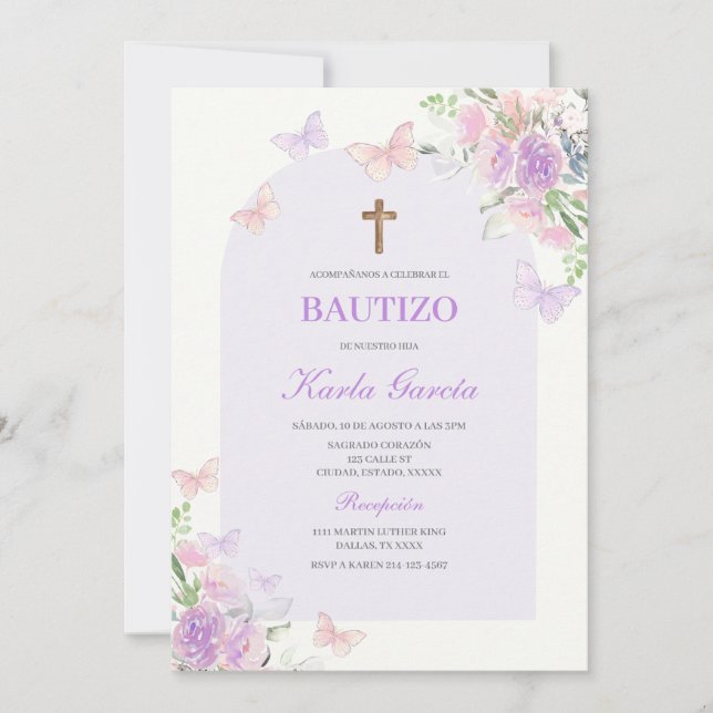 Baptême Floral Violet Invitation Espagnole (Devant)
