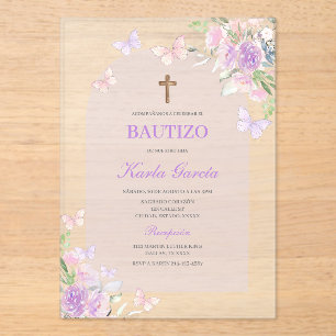 Baptême Floral Violet Invitation Espagnole