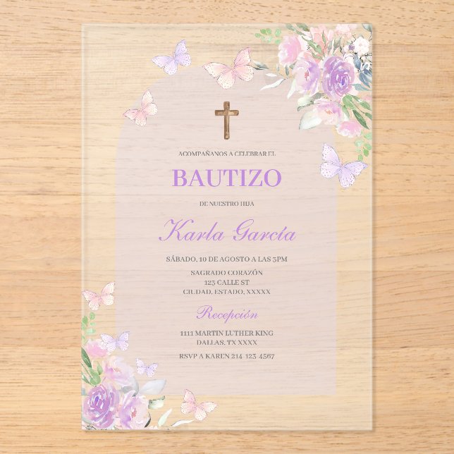 Baptême Floral Violet Invitation Espagnole (Recto)