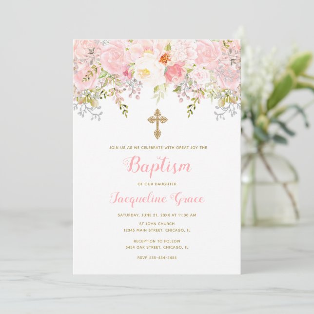 Baptême florale rose et or Invitation fille (Debout devant)