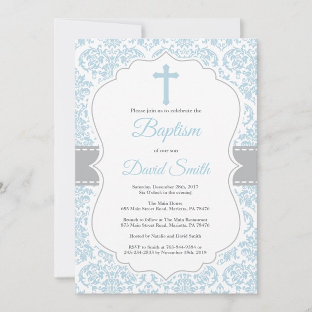 Baptême garçon Invitation Bleu et gris Damas (Devant)