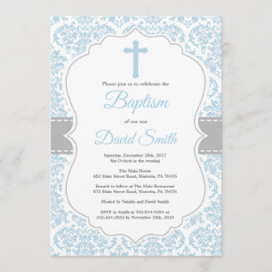 Baptême garçon Invitation Bleu et gris Damas