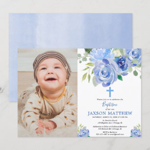 Baptême garçon invitation photo, fleurs bleu marin