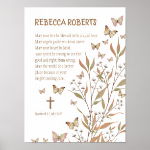 Baptême Girl Aquarelle Papillons Poster